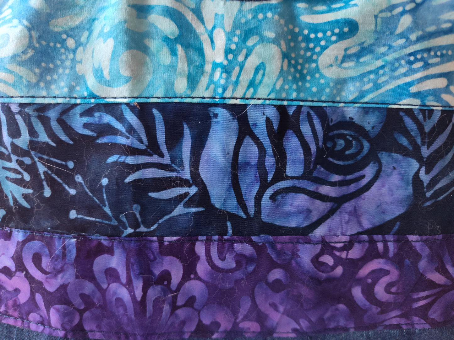 Large Denim Hobo Bag Tropical Beach Batiks - OOAK - Canadian Made - boho denim jeans purse - recycled jeans shoulder bag - aqua purple navy