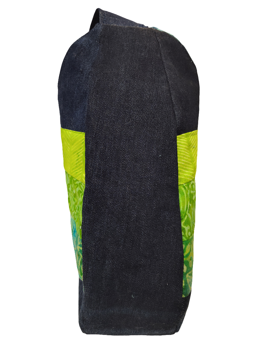 Dark-Wash Denim and Tropical Beach Green Batik Hobo Bag - Boho Denim Purse - Canadian Made - One of a Kind - Artisan Shoulder Bag