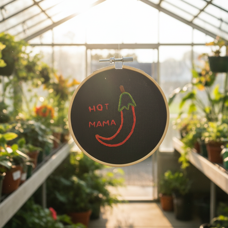Hand Embroidered Chilli Pepper - Hot Mama - Kitchen Decor