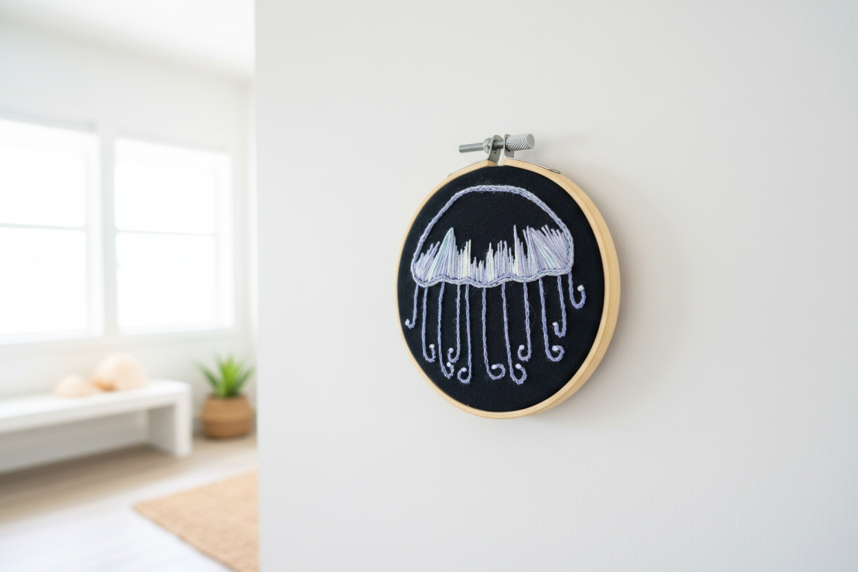 Hand Embroidered Jellyfish Art - Ready to Hang - Black and Violet