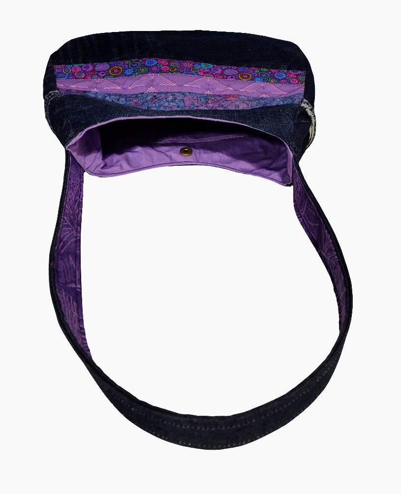 Denim + Purple Cotton Shoulder Bag OOAK by Essential Soft Goods