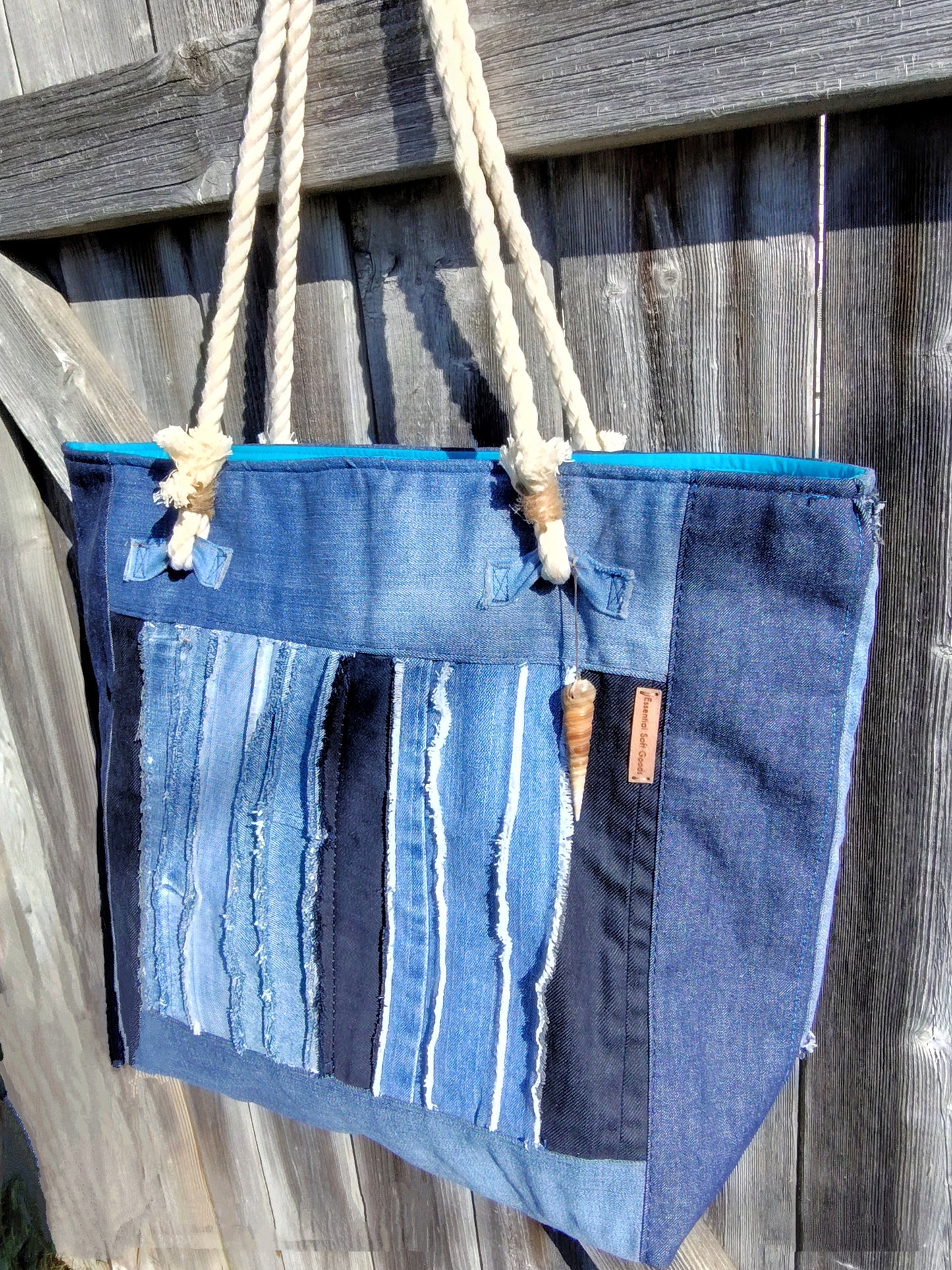 Extra Large DENIM BEACH TOTE with Soft Rope Handles - Made in Canada - 1-of-a-Kind