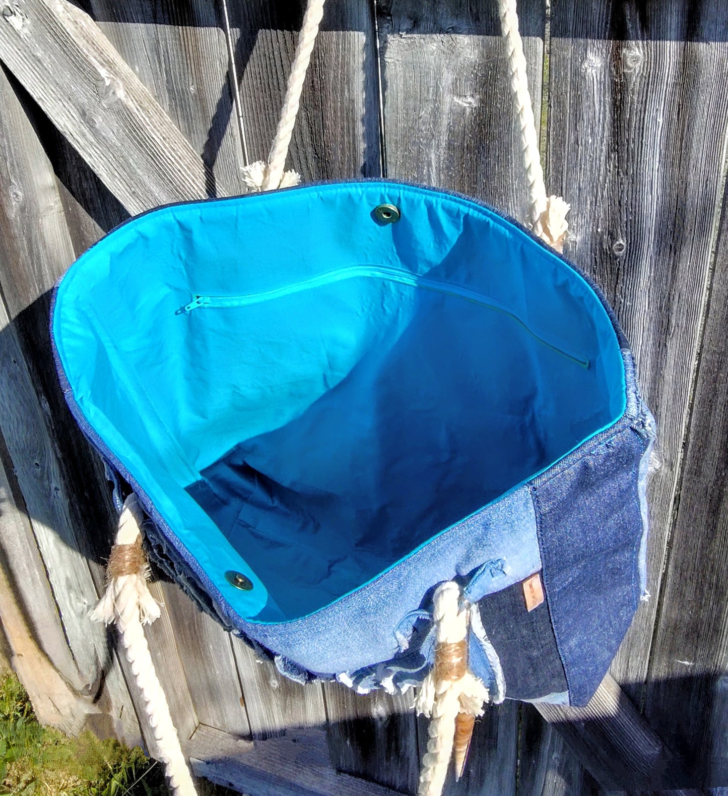 Extra Large DENIM BEACH TOTE with Soft Rope Handles - Made in Canada - 1-of-a-Kind