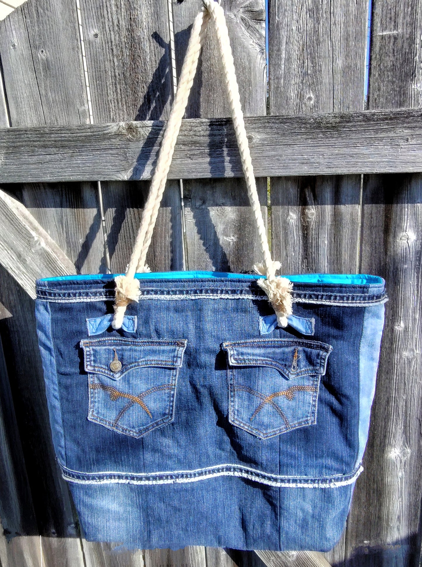 Extra Large DENIM BEACH TOTE with Soft Rope Handles - Made in Canada - 1-of-a-Kind