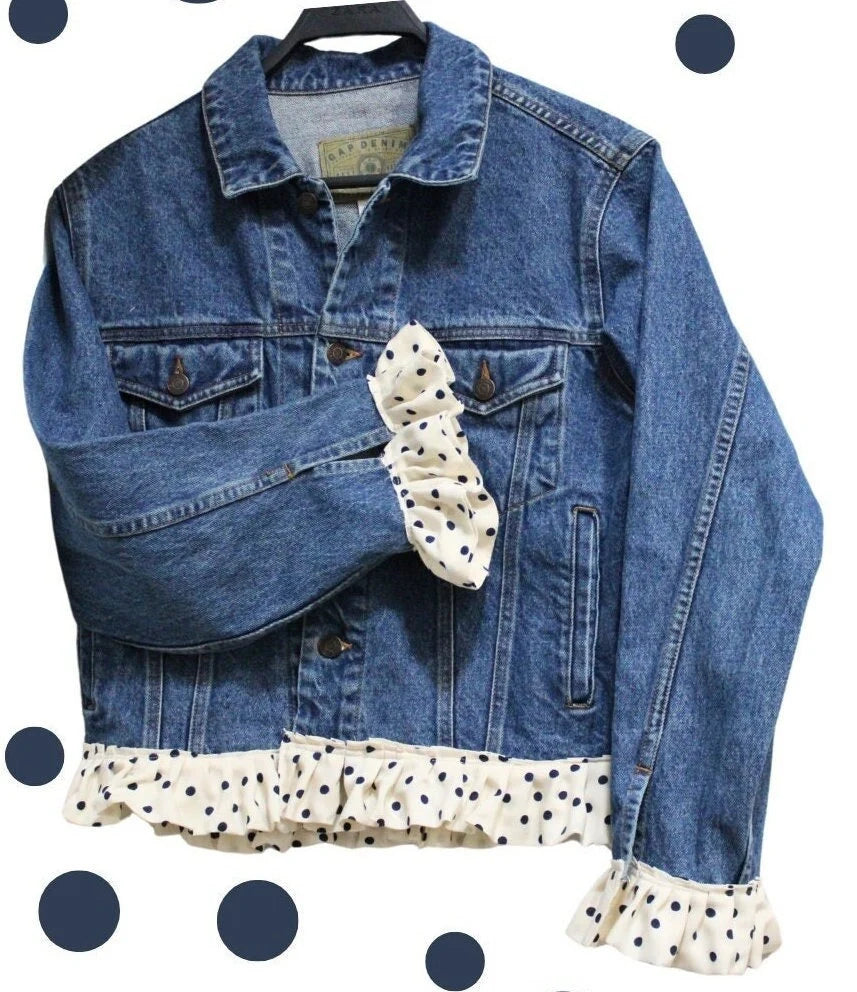 Reworked Denim Jacket: Ruffled Polka Dot Upcycle - Size Small