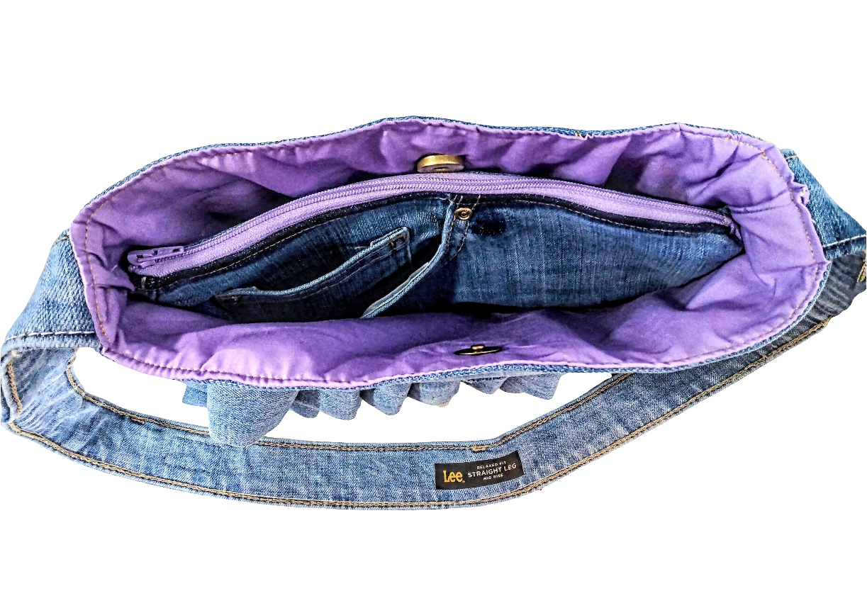 Ruffled Reworked Denim Jeans Shoulder Bag + Zipper Pouch