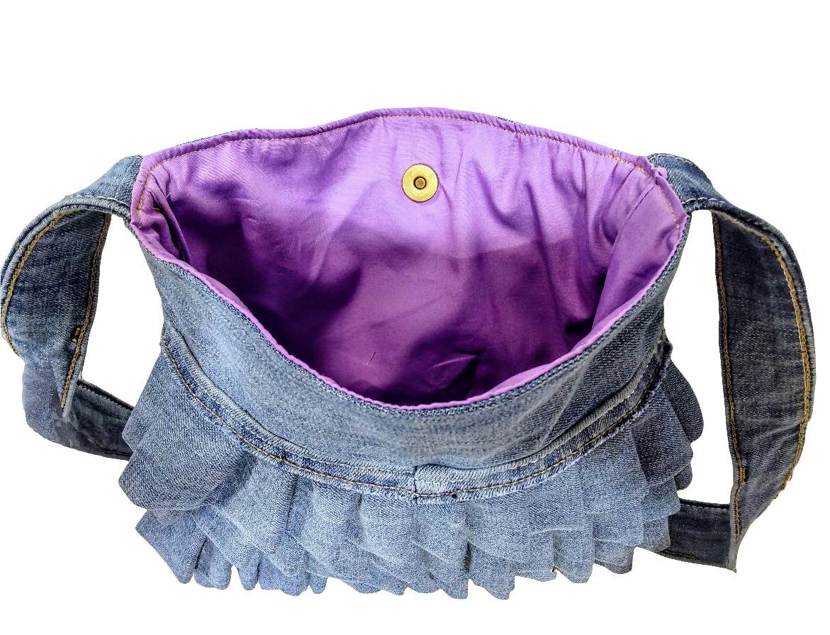 Ruffled Reworked Denim Jeans Shoulder Bag + Zipper Pouch