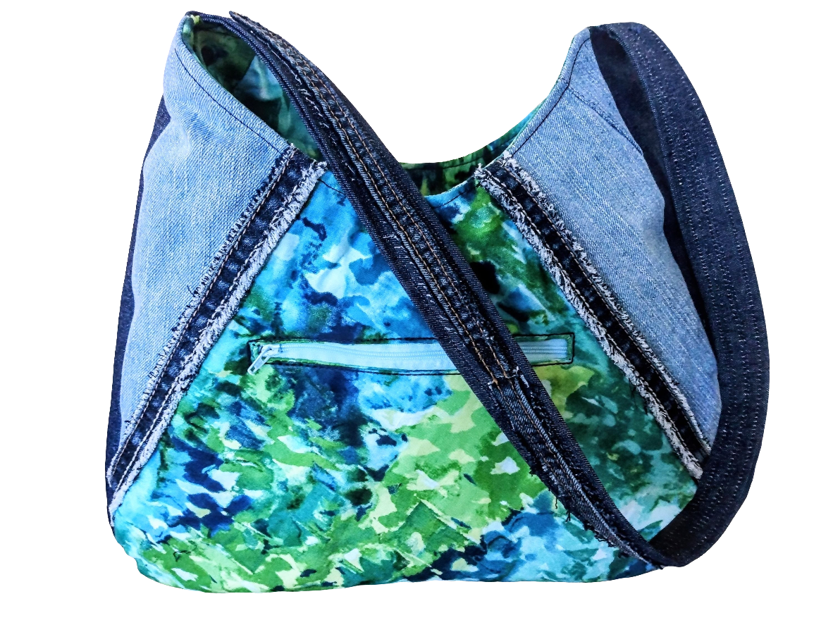 Large Denim Hobo-style Shoulder Bag + Zippered Pouch