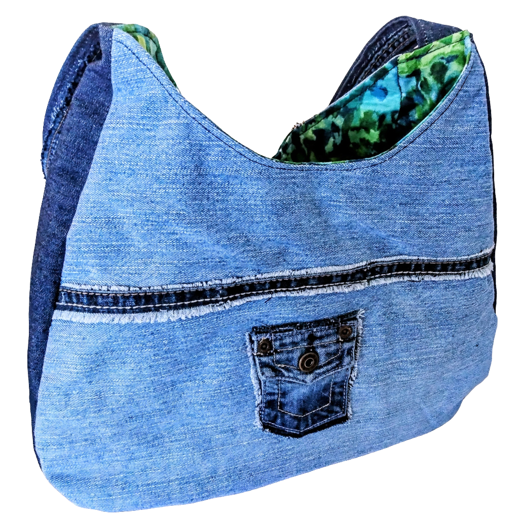 Large Denim Hobo-style Shoulder Bag + Zippered Pouch