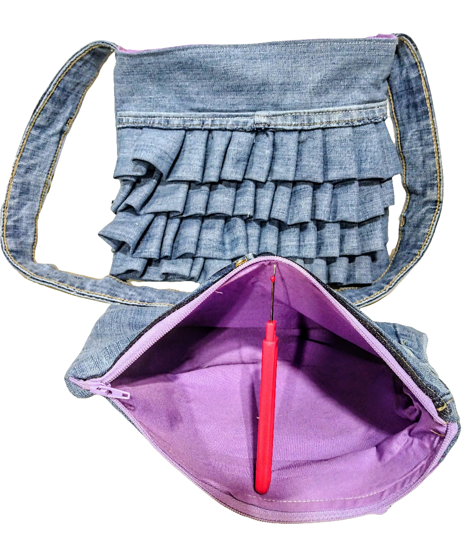 Ruffled Reworked Denim Jeans Shoulder Bag + Zipper Pouch