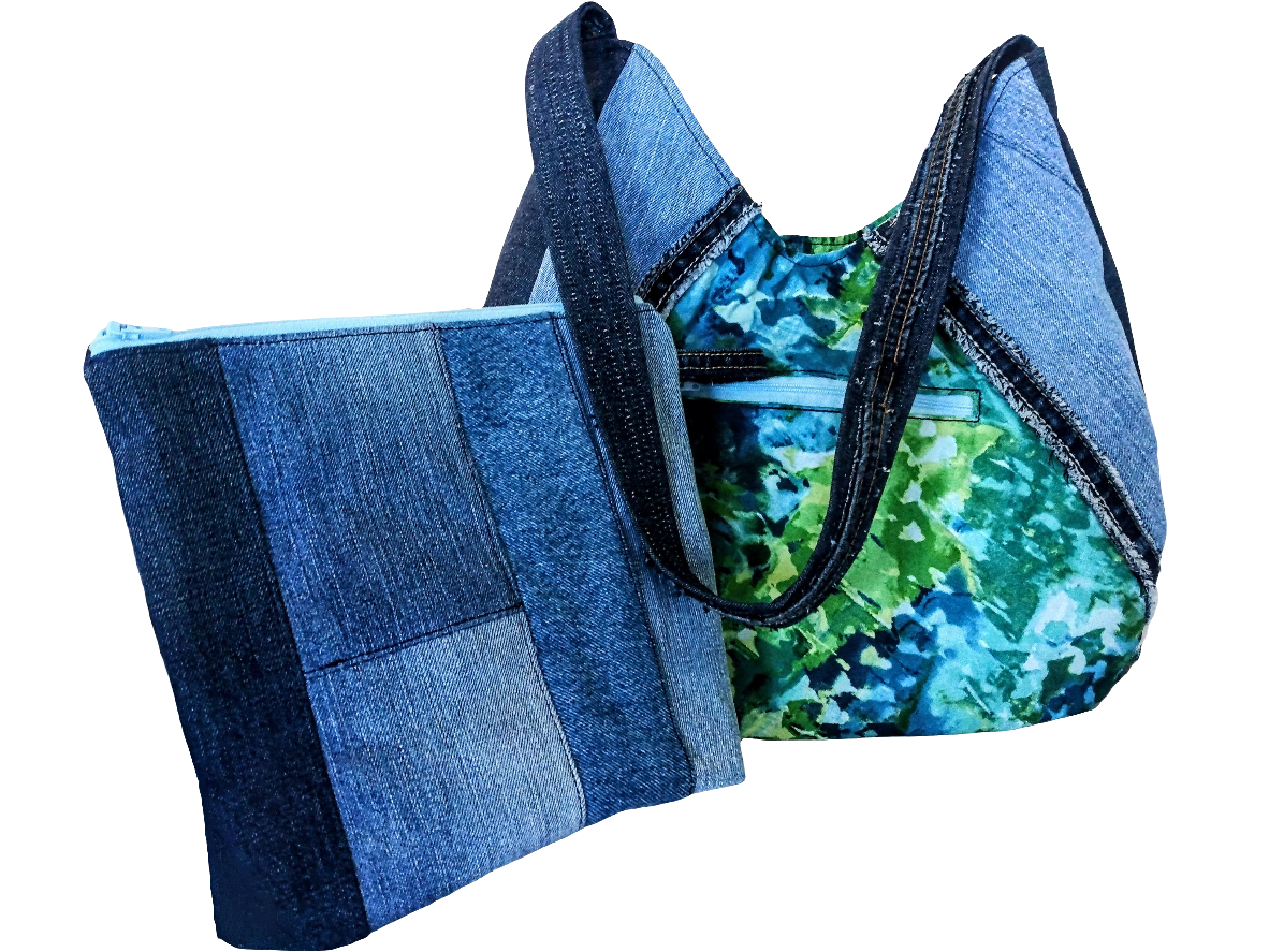 Large Denim Hobo-style Shoulder Bag + Zippered Pouch