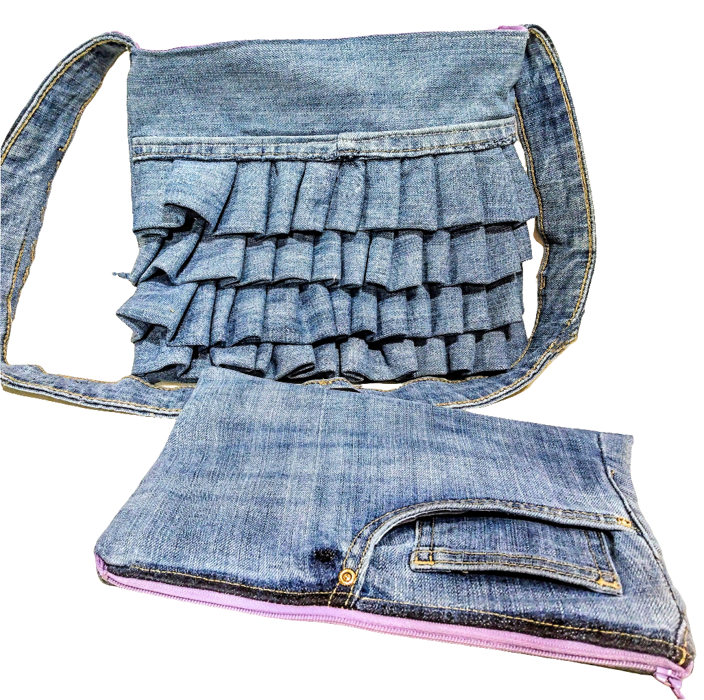 Ruffled Reworked Denim Jeans Shoulder Bag + Zipper Pouch