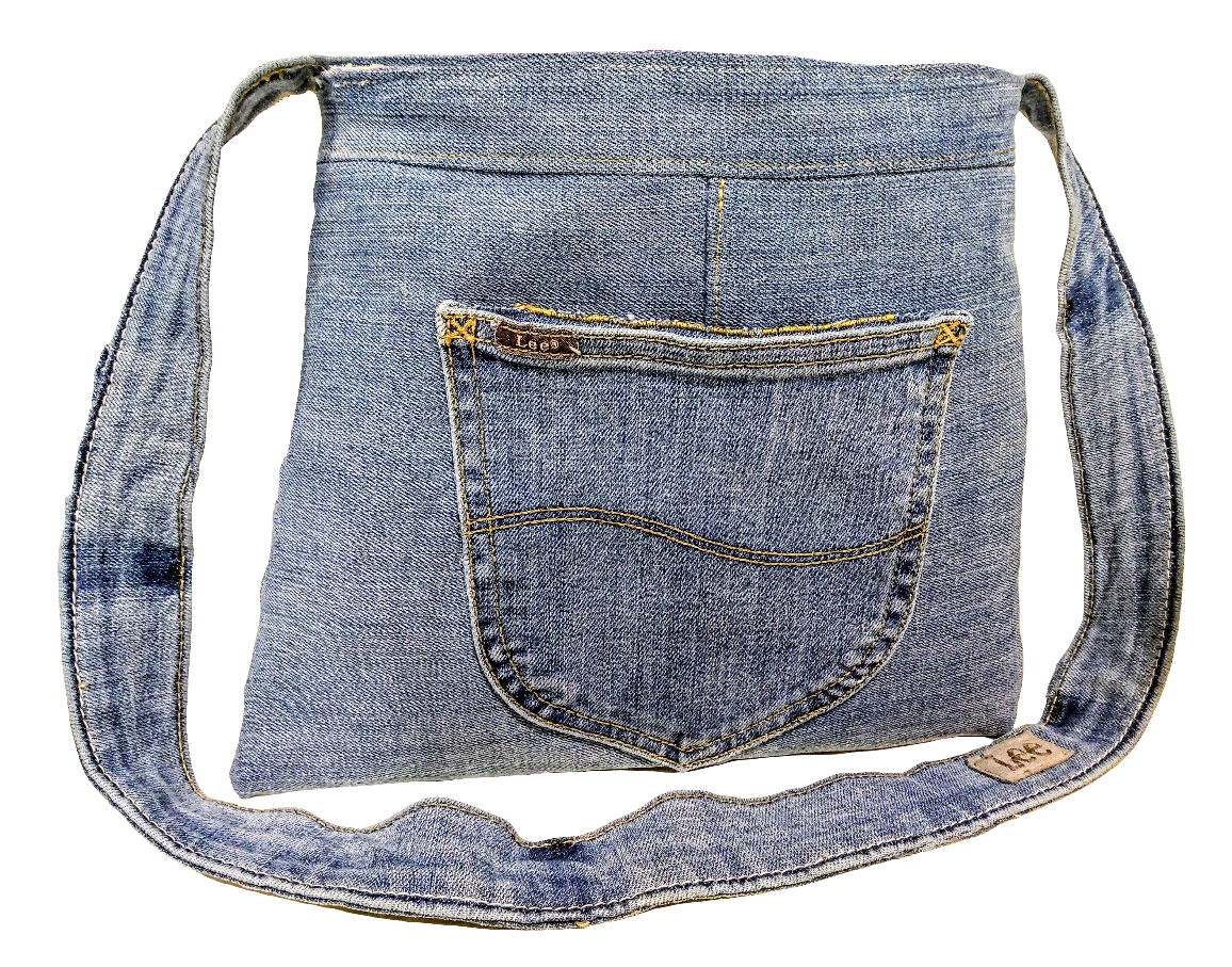 Ruffled Reworked Denim Jeans Shoulder Bag + Zipper Pouch