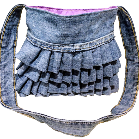 Ruffled Reworked Denim Jeans Shoulder Bag + Zipper Pouch