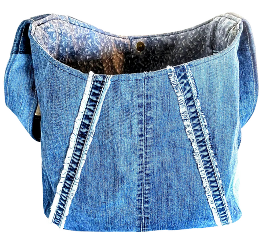 Medium-wash Distressed Denim Shoulder Bag + Zippered Pouch