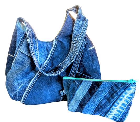 Denim Hobo-style Shoulder Bag + Zipper Pouch