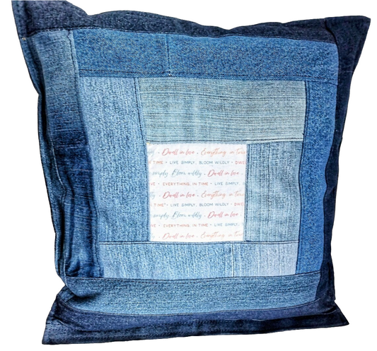 Multi-tone Blue Denim Cushion Cover - Pieced with Bloom Wildly Center Print