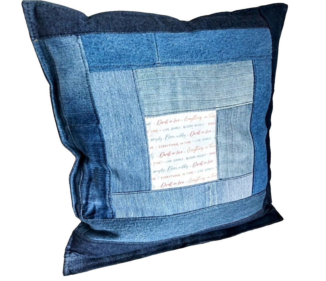 Multi-tone Blue Denim Cushion Cover - Pieced with Bloom Wildly Center Print