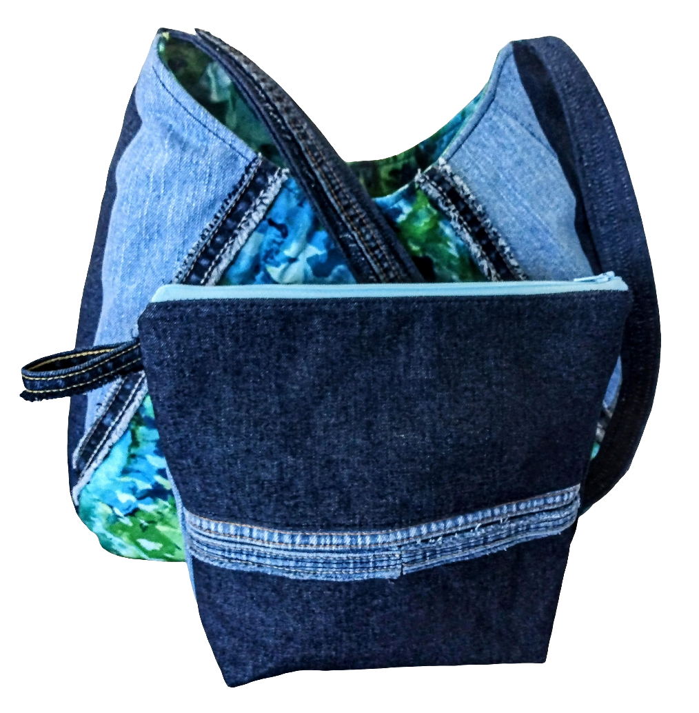 Large Denim Hobo-style Shoulder Bag + Zippered Pouch