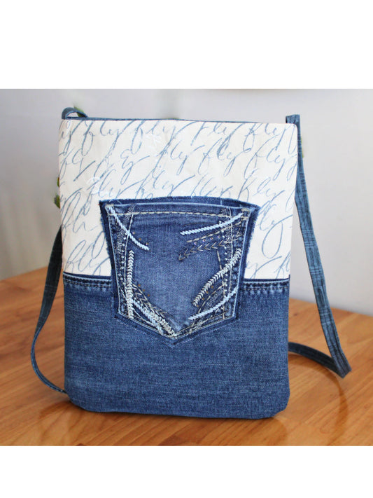 Denim Crossbody Phone Purse: Embroidered Pockets, Canadian Made