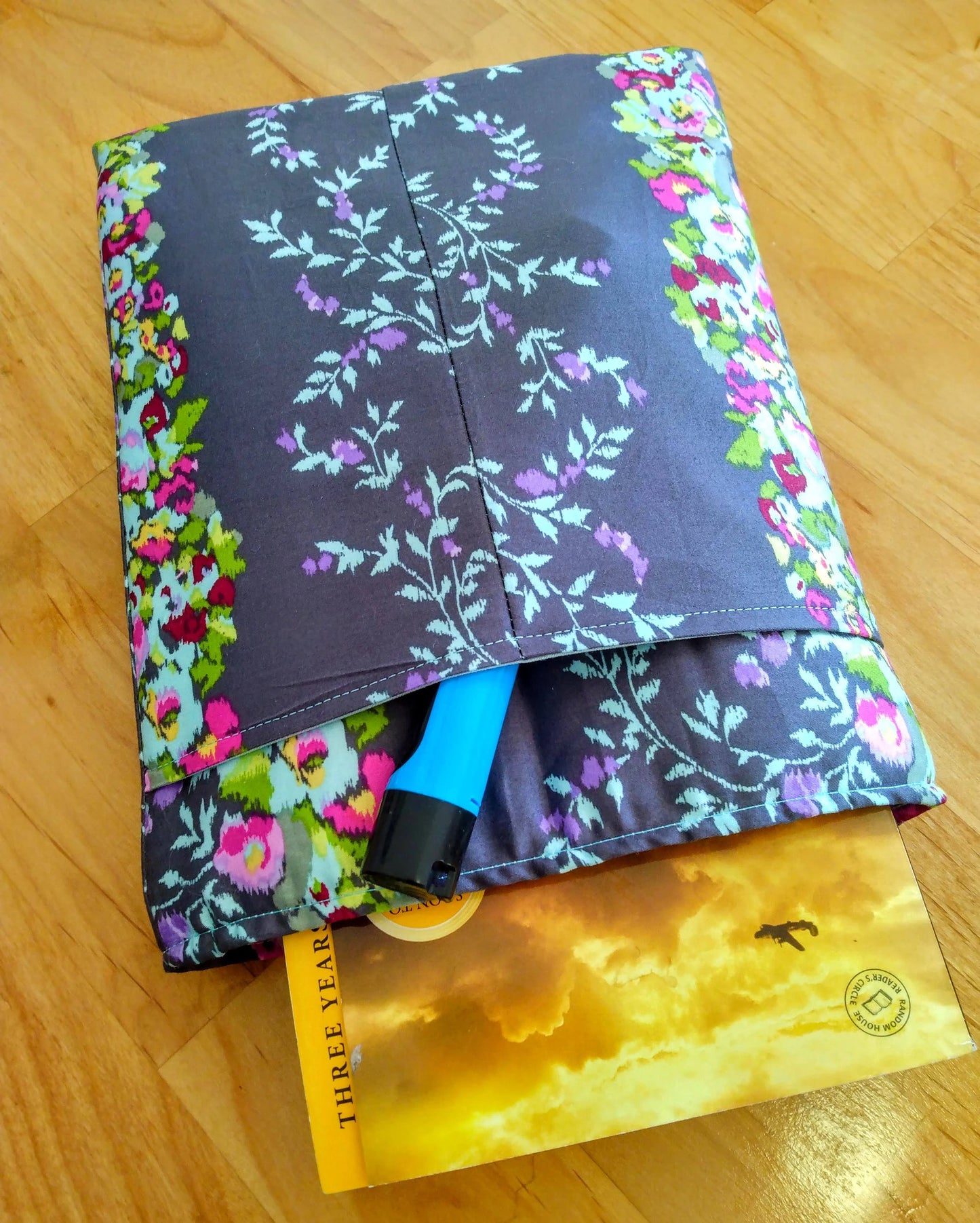 Grey Floral Padded Book Sleeve with Pocket: Tablet, eReader, Kindle Case