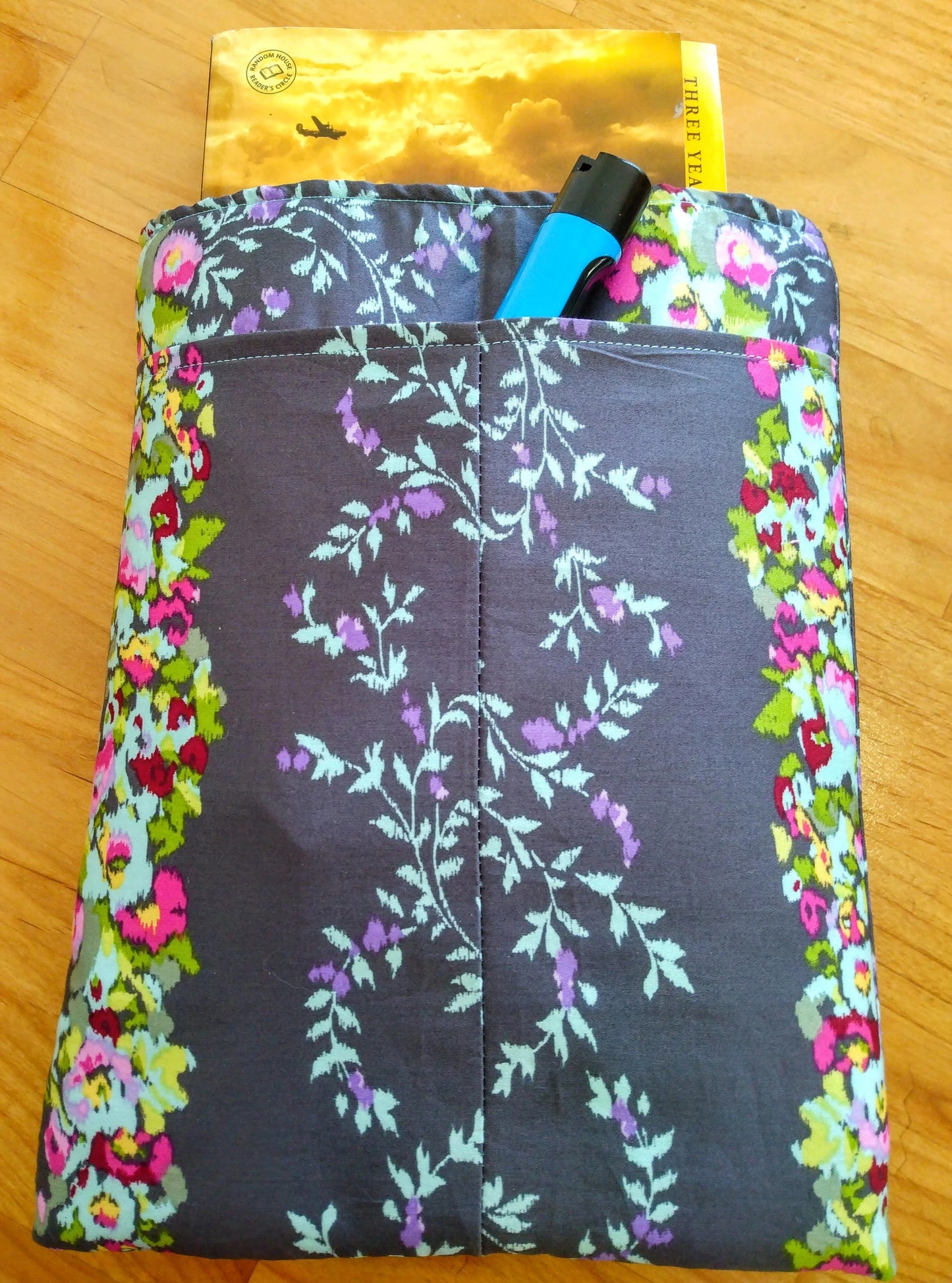 Grey Floral Padded Book Sleeve with Pocket: Tablet, eReader, Kindle Case