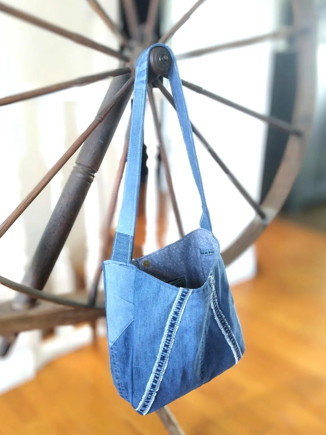 Medium-wash Distressed Denim Shoulder Bag + Zippered Pouch