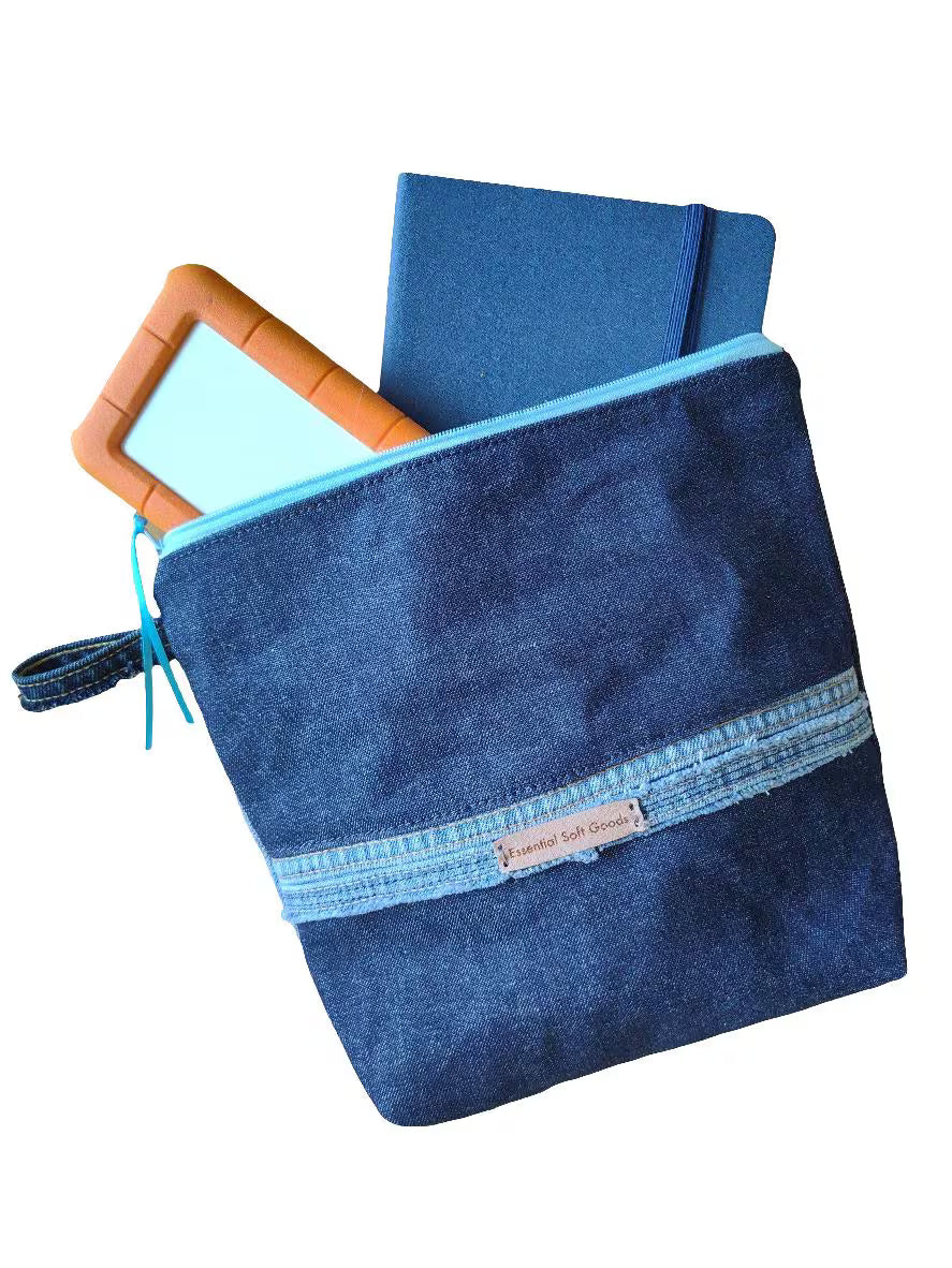 Denim Travel Pouch: Sturdy Recycled Patchwork, Green Floral Lining
