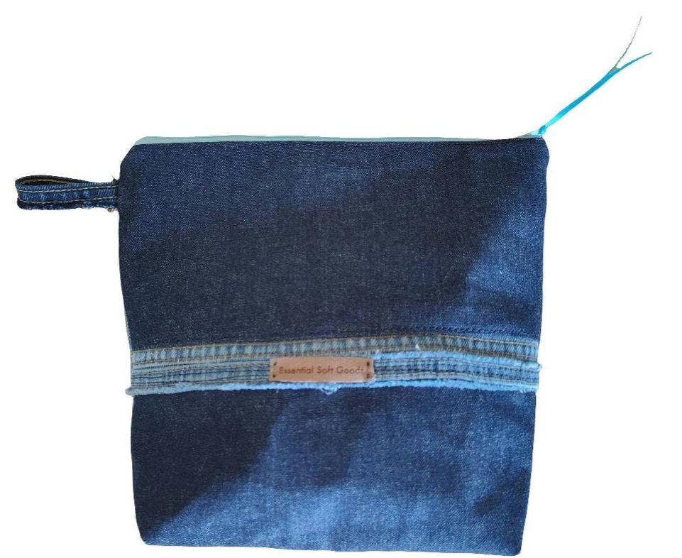 Denim Travel Pouch: Sturdy Recycled Patchwork, Green Floral Lining