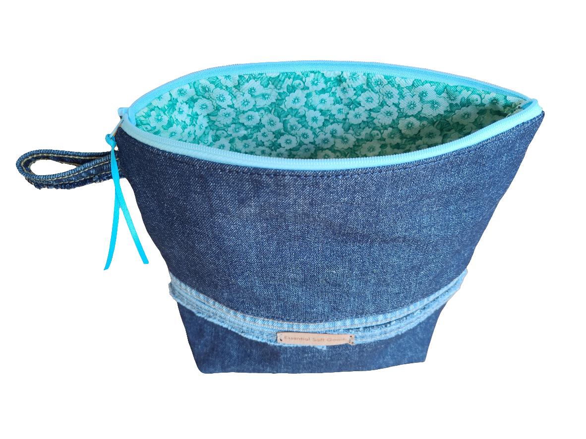 Denim Travel Pouch: Sturdy Recycled Patchwork, Green Floral Lining