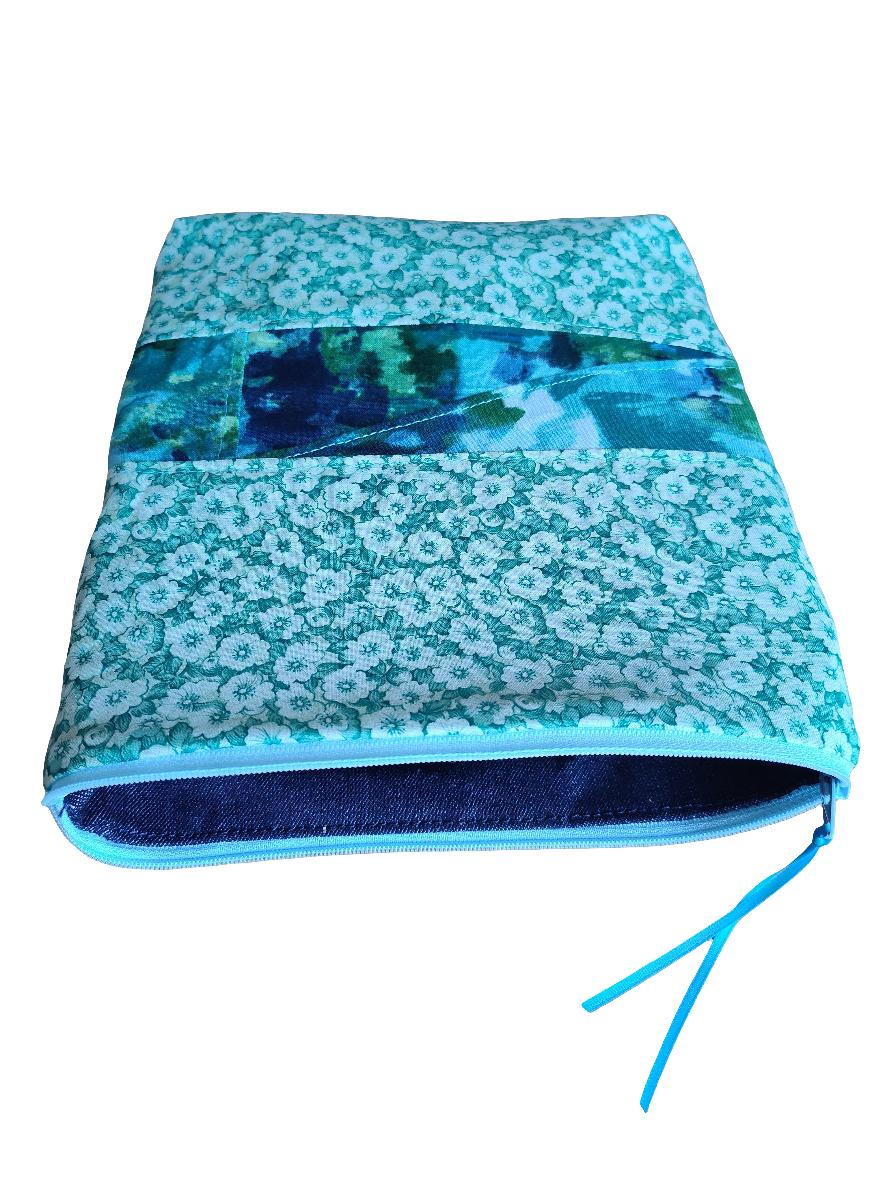 Denim Travel Pouch: Sturdy Recycled Patchwork, Green Floral Lining