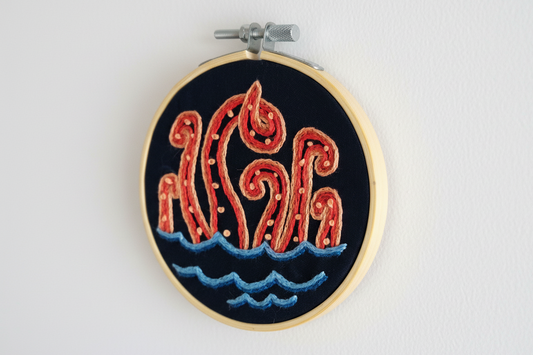 Orange Octopus Embroidery Hoop Art – Nautical Wall Decor – Coastal Ocean Embroidery – Small Beach House Decor – Cute Octopus Gift – Handmade Needle Art
