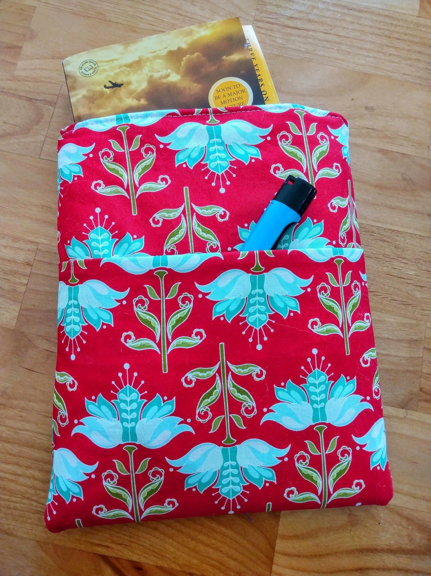 Red Floral Padded Book Sleeve with Pocket: Tablet, eReader, Kindle Case