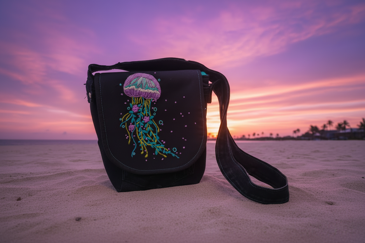 Hand Embroidered Jellyfish Shoulder Bag - Upcycled Denim