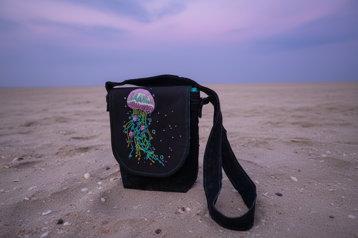 Hand Embroidered Jellyfish Shoulder Bag - Upcycled Denim