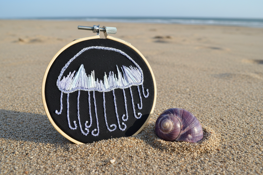 Hand Embroidered Jellyfish Art - Ready to Hang - Black and Violet