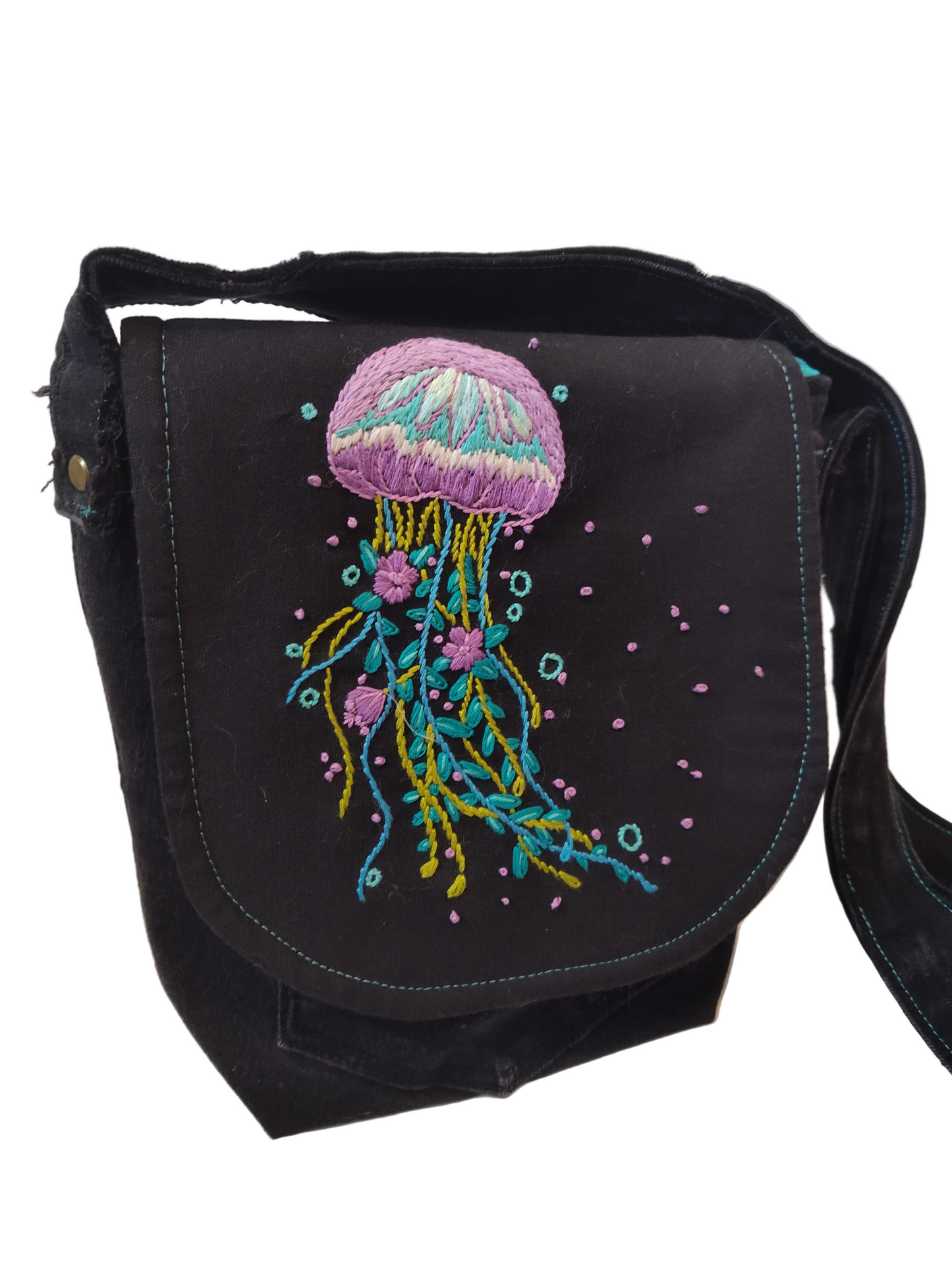 Hand Embroidered Jellyfish Shoulder Bag - Upcycled Denim