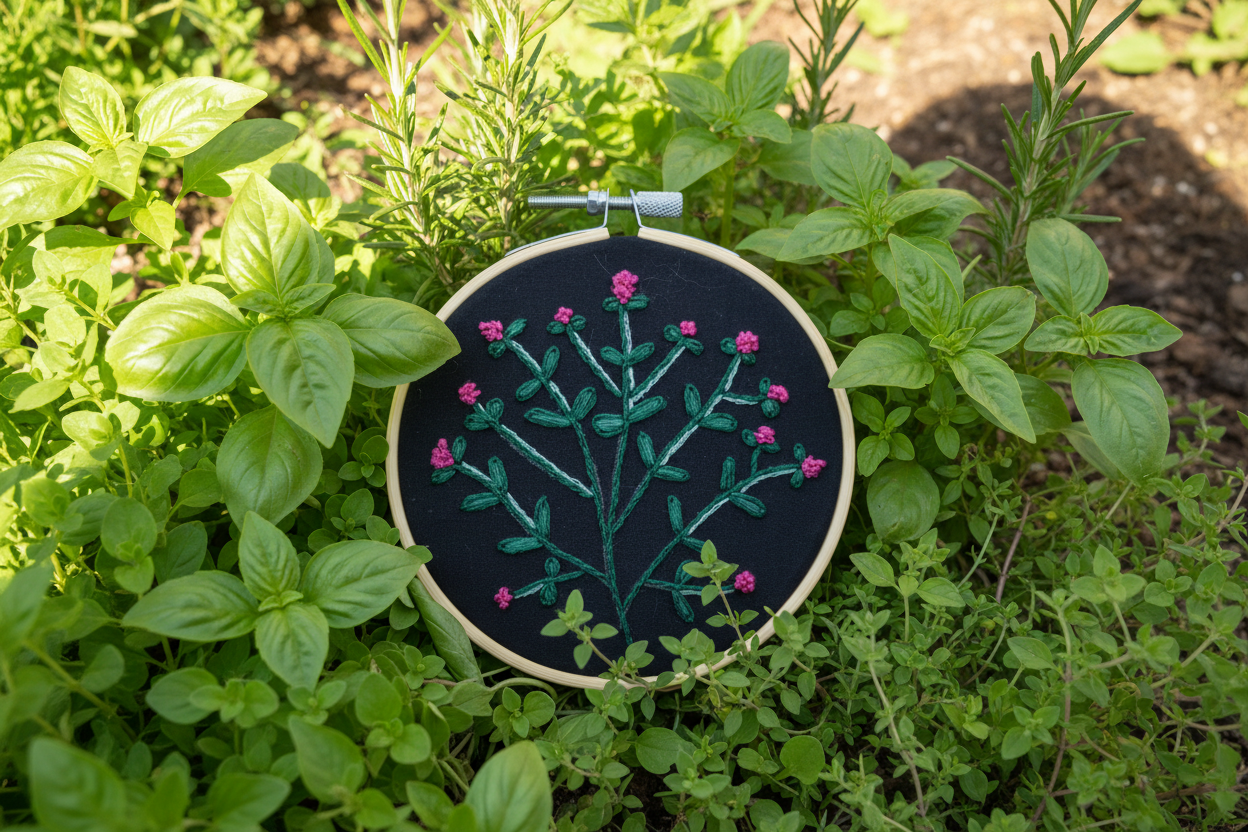 Hand Embroidered Spring Flowers in Magenta and Emerald