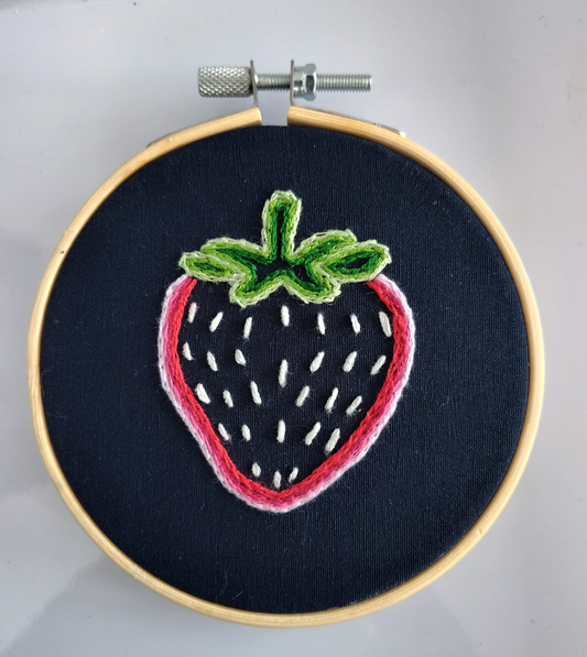Hand Embroidered Strawberry Art - Ready to Hang - Black and Red