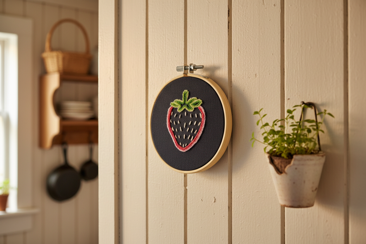Hand Embroidered Strawberry Art - Ready to Hang - Black and Red