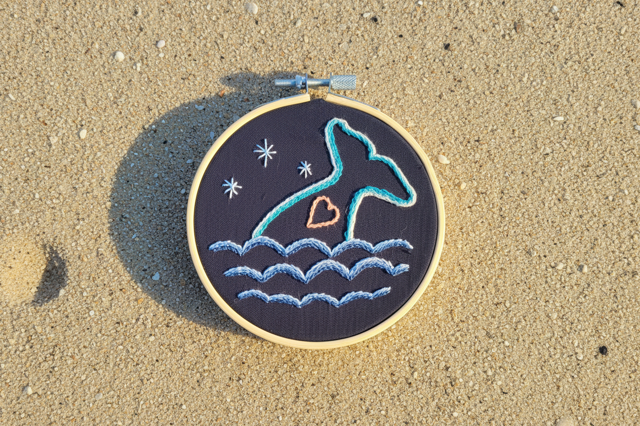 Whale Tail + Heart Hand Embroidery Art - Coastal Decor - Beach House Style