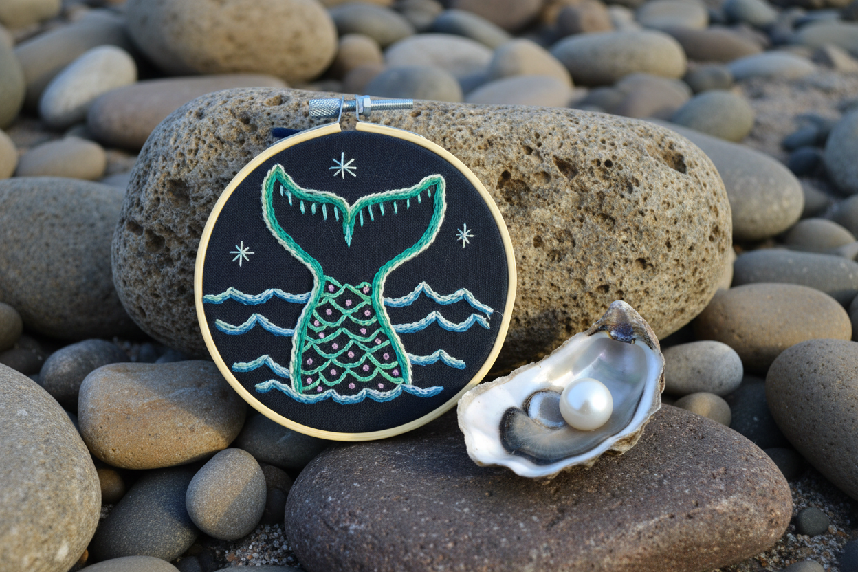 Mermaid Tail Embroidery Hoop Art – Nautical Wall Decor – Coastal Ocean Embroidery – Small Beach House Decor