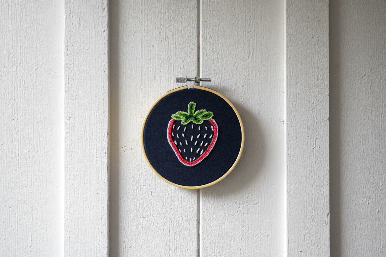 Hand Embroidered Strawberry Art - Ready to Hang - Black and Red