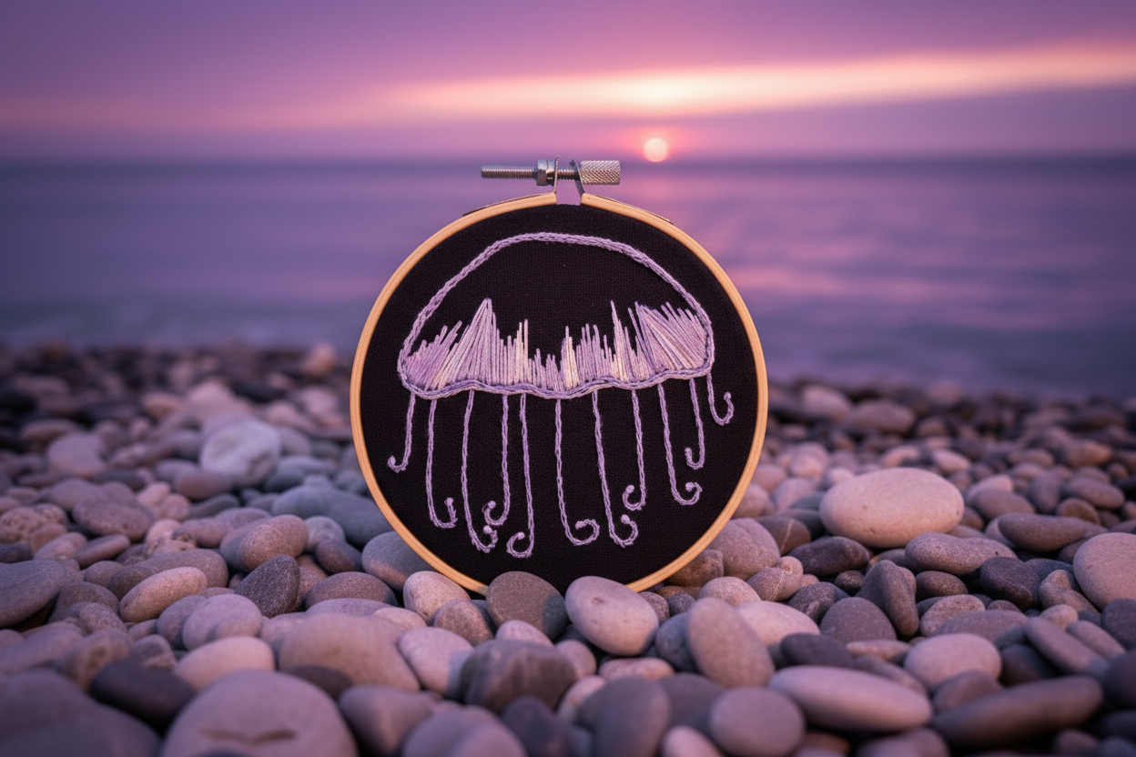 Hand Embroidered Jellyfish Art - Ready to Hang - Black and Violet