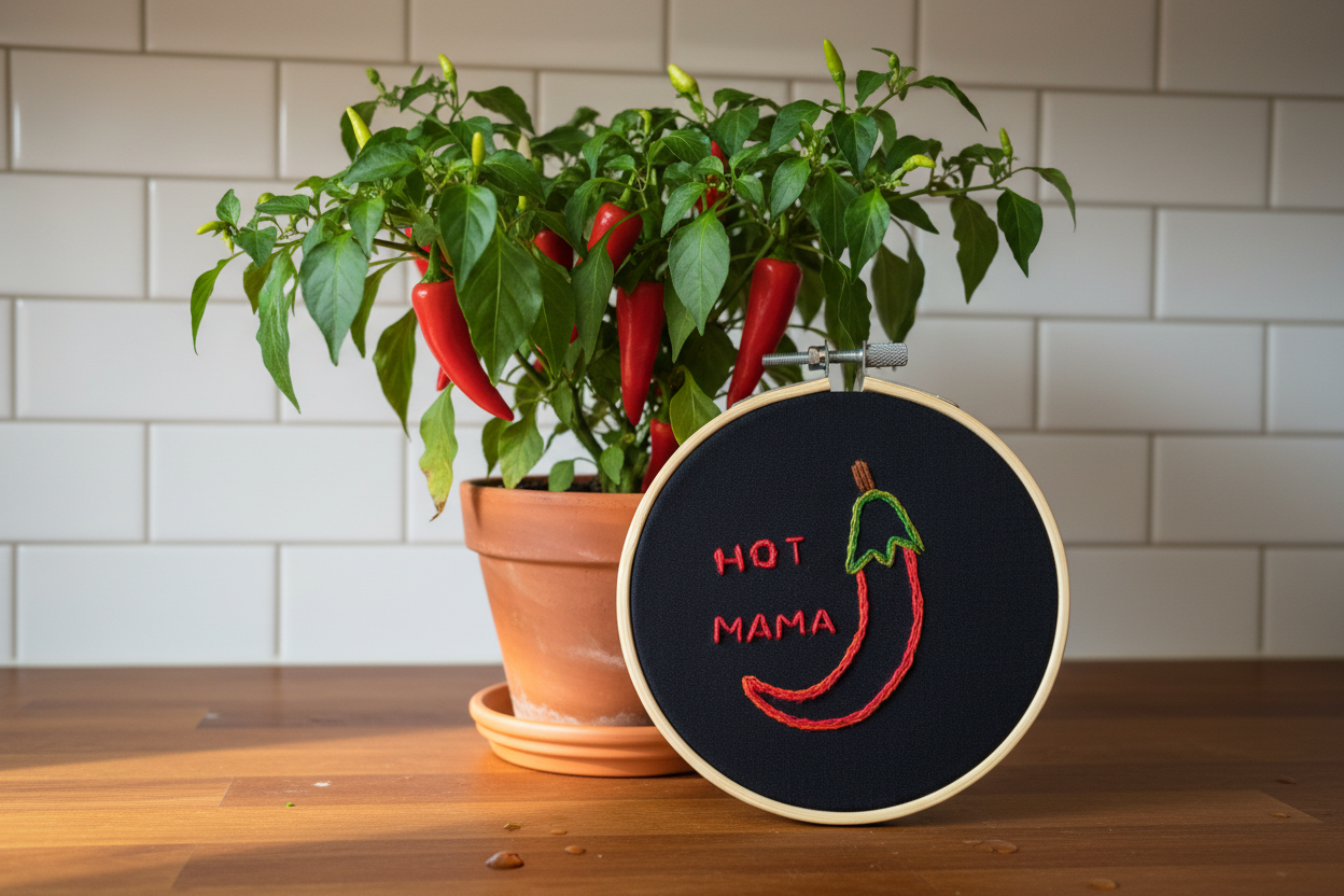 Hand Embroidered Chilli Pepper - Hot Mama - Kitchen Decor
