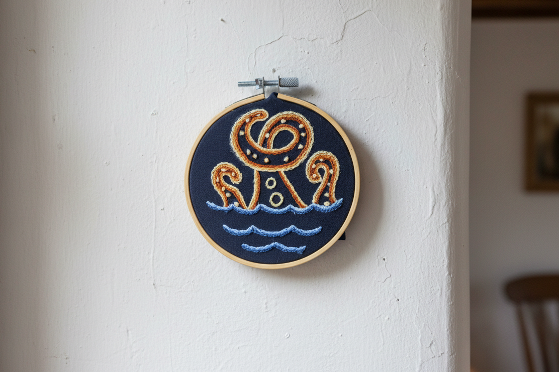 Gold Octopus Embroidery Hoop Art – Nautical Wall Decor – Coastal Ocean Embroidery – Small Beach House Decor – Cute Octopus Gift – Handmade Needle Art
