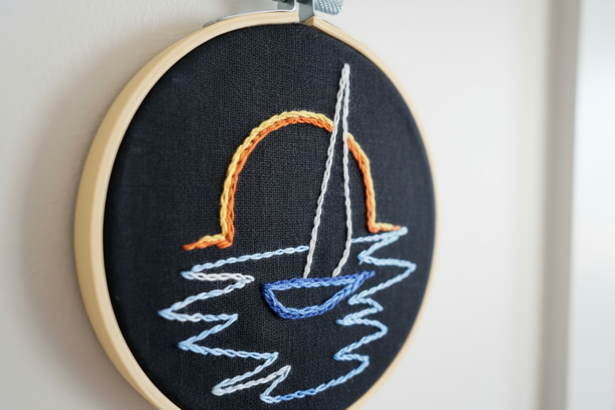 An Evening Sail Over Calm Water - Hand Embroidery Art