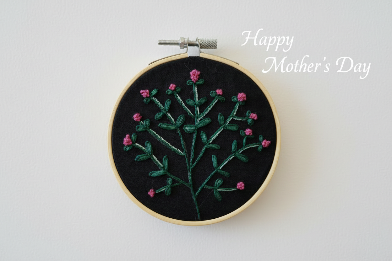 Hand Embroidered Spring Flowers in Magenta and Emerald