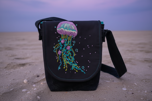 Hand Embroidered Jellyfish Shoulder Bag - Upcycled Denim