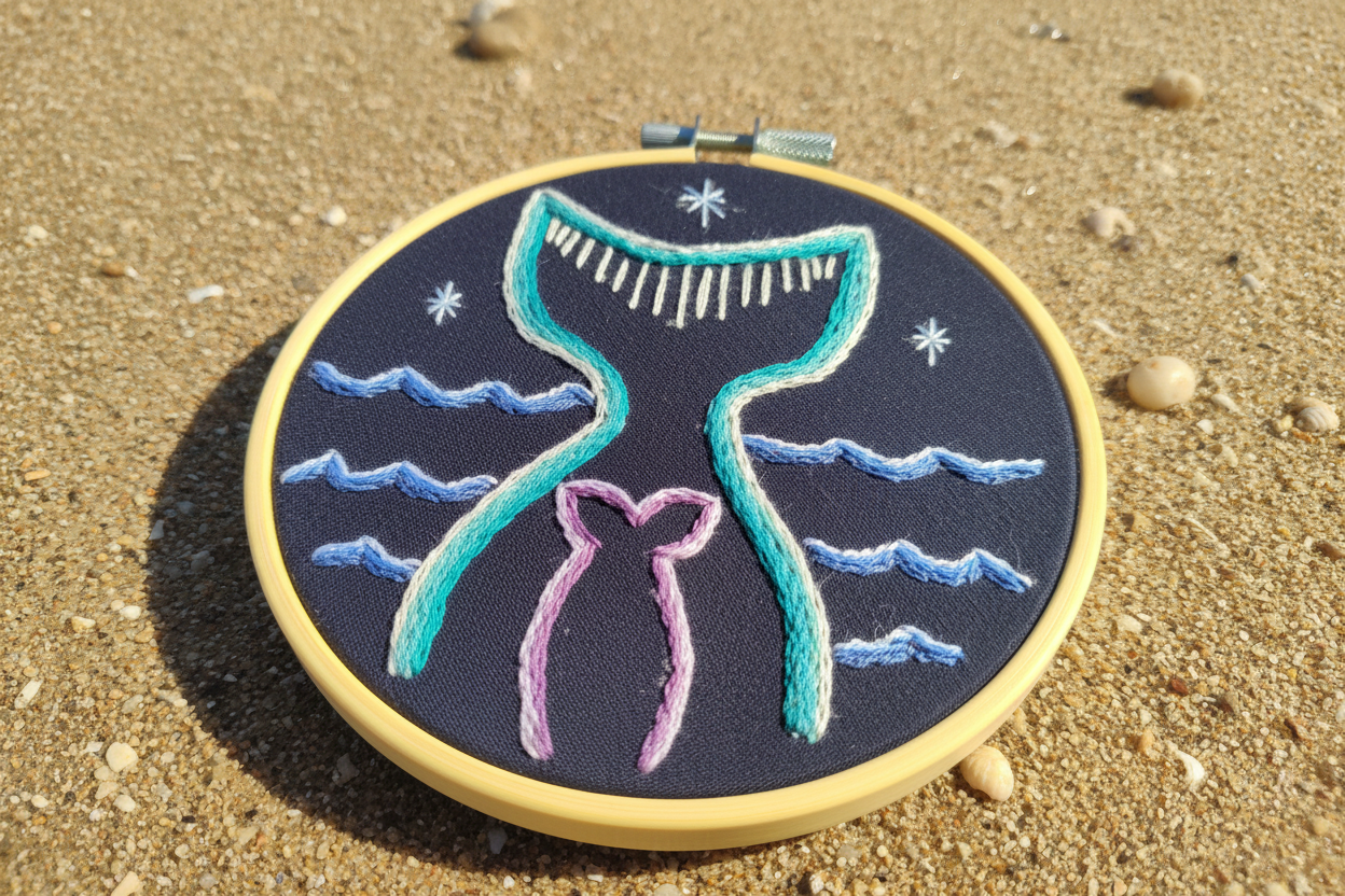 Mama and Baby Whale Tail - Hand Embroidery Art